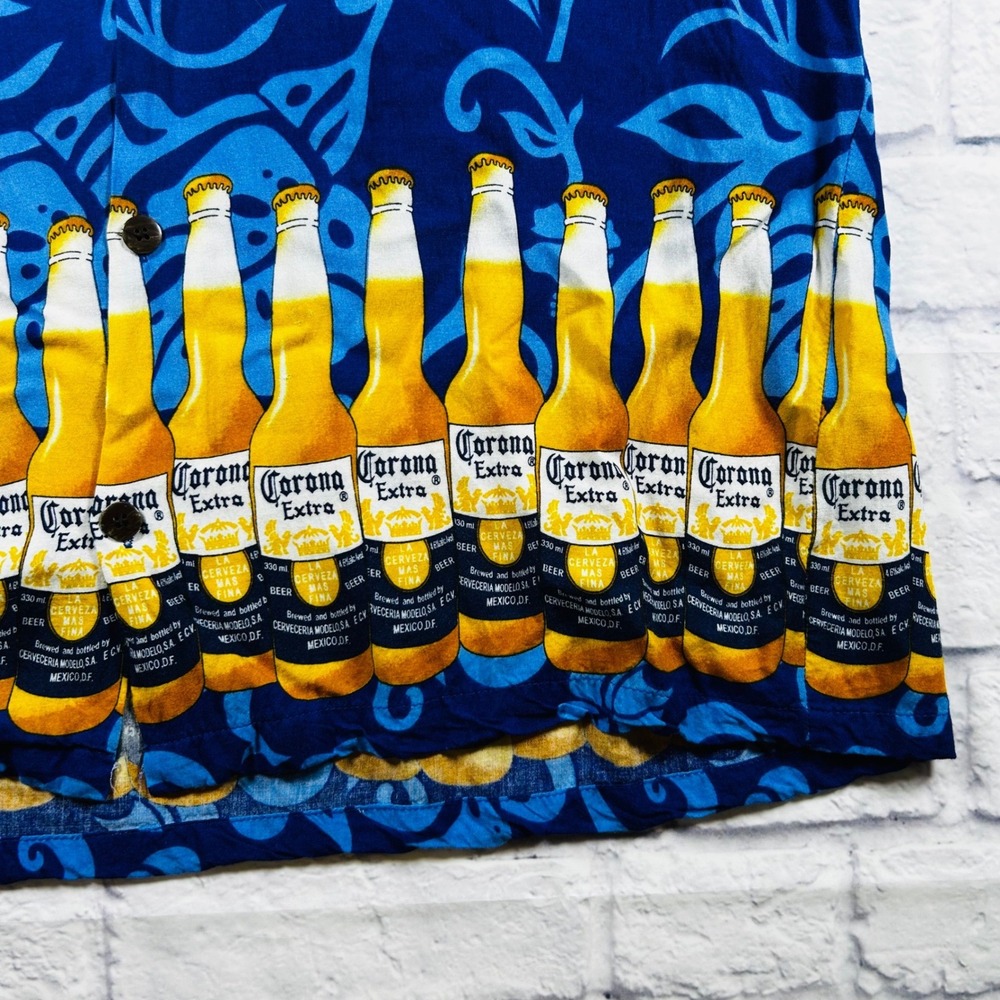 Corona Extra Mens XXL Blue Tropical Beer Bottle Print Rayon Button Up Shirt - Picture 4 of 8